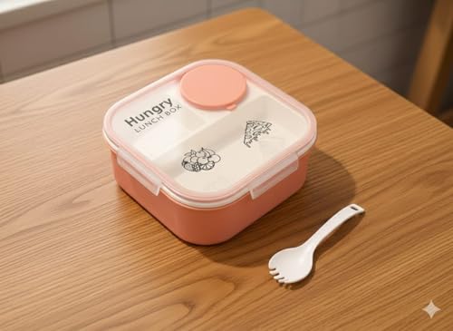 Image of Leakproof Lunch Box for Office & School | 4 Compartment Food Storage Container with Spoon | BPA Free Plastic Tiffin Box with Airtight Lid | Microwave Safe Meal Prep Box for Kids & Adults (Pink)
