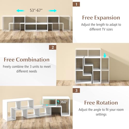 Image of GIANTEX Free-Combination TV Stand for Bedroom - Entertainment Center for 50 55 60 65 Inch TV, 3-Piece Media Console Table with Storage Cubes, Deformable Open Storage Bookcase Shelf (White)