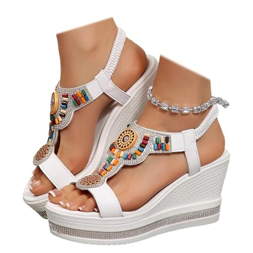 GUNIYIFS Womens Wedge Platform Sandals Slip On Jeweled Bohemian Casual Sandals Dressy Summer Beach Open Toe Ankle Strap Shoes
