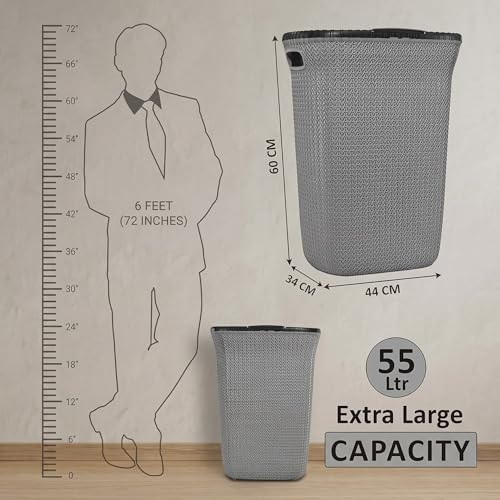 Image of KITCHIVO Plastic Large 55 Ltr Laundry Basket with Lid & Handle | Multipurpose Hamper Bins Storing Washable Clothes, Blankets | Household Ideal for Home & Bathroom (Marriott Grey Laundry Basket)