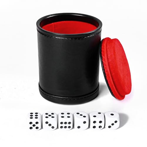 Felt Lined Dice Cup PU Leather Set, Quiet Shaker for Dice Board Family Games Yahtzee Farkle, Set of Six 16mm Rolling Dice Include