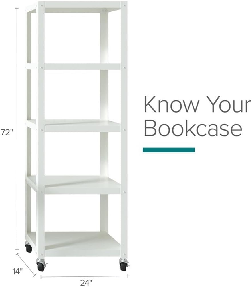 Space Solutions Cooper 5-Shelf Steel Metal Bookcase, White Finish, 72 in x 24 in x 14 in, Mobile Shelving Unit with Wheels, Durable Open Shelving for Office, Kitchen, Craft Room, Pantry Storage