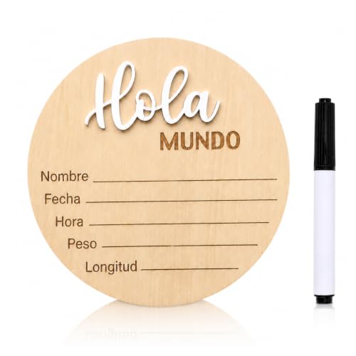 Image of Spanish Baby Birth Announcement Sign - Hola Mundo Wooden Newborn Board | Wooden Spanish Hola Mundo baby announcement disc with 3D letters and a marker to record newborn birth details.