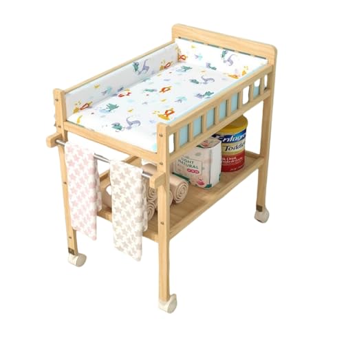 Suzapiw無垢材のおむつ交換台、ベビーケア、マッサージ、移動式収納ラック、ローラー付き、大容量収納 (2段式おむつ交換台,【無垢材パーテーション】夏の霧雨コットンパッド)