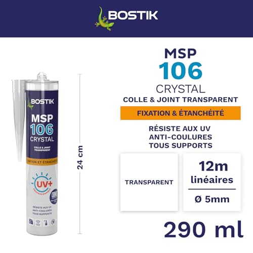 BOSTIK 30601522 Mastic Collage et d’étanchéité transparent MS106 Beschichtet, durchsichtig, 1 cartouche de 290 ml