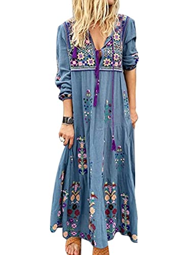 ORANDESIGNE Damen Herbst Winter Langarm Casual Loose V Ausschnitt Boho Kleider Elegant Böhmen Lang Kleid Drucken Blume Tunnelzug Vintage Party...