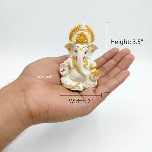 Image of JOY LAND Lord Ganesha Car Dashboard Idol | White & Gold Ganesh Murti for Car Dashboard, Home & Office Decor (Off White)