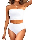 Tempt Me Women White Bandeau Bikini Set Strapless High Waisted Two Piece Swimsuit Longline Bathing Suits M
