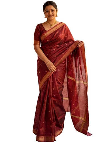 Image of AKHILAM Women's Pure Soft Spun Cotton Lichi Silk Saree For Women With Attach Unstitch Blouse Piece