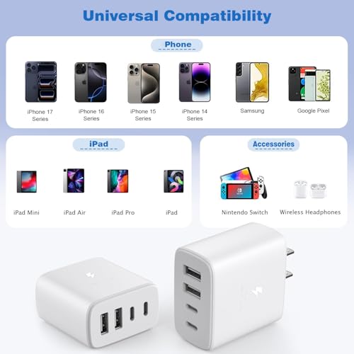 USB C Wall Fast Charger Block,40W Type C Fast iPhone Charging Blocks 4 Ports PD Power Adapter+QC Plug Wall Plug Box Multiple USBC Charging Cube Brick Compatible with iPhone 17/16/15/14,Samsung S26/25 - image 6