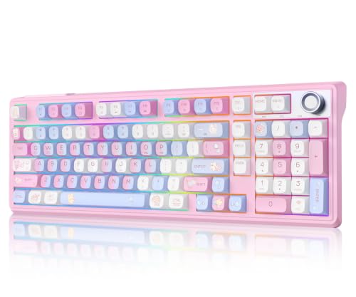 Image of H98 Wireless Mechanical Keyboard,96-Key Hot-Swappable Wired Gaming Keyboard,Tri-Mode Bluetooth 5.0 2.4G USB-C,1.14 inch Color Screen,Double Knob,6000mAh,RGB,PBT Keycaps (Summer Pink)