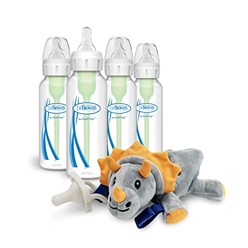 Image of Dr. Brown’s Natural Flow® Anti-Colic Options+™ Narrow Baby Bottles 8 oz/250 mL, with Level 1 Slow Flow Nipple, 4 Pack & Triceratops Lovey with HappyPaci Pacifier, 0m+