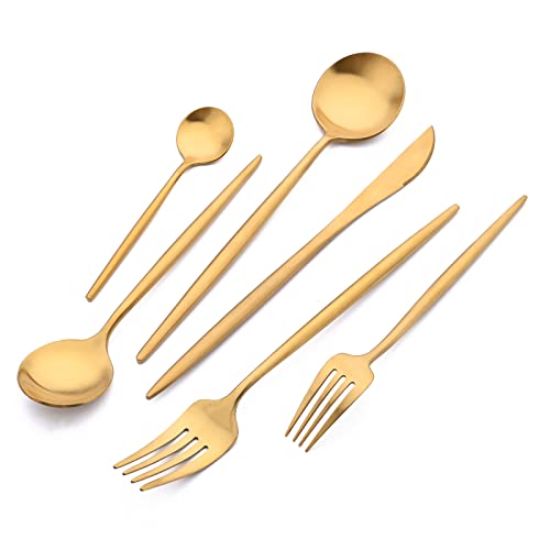 Snplowum Juego de cubiertos de lujo negro mate, 24 piezas, acero inoxidable 18/10, simple y pesado, vajilla para el hogar, cocina, boda, restaurante, cena, servicio para 4 (dorado)