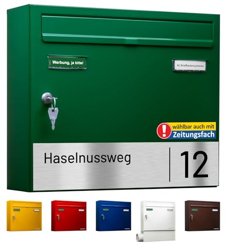 AL Briefkasten Systeme Basic-Line 1er Briefkasten personalisiert mit Namen Schild Straße und Hausnummer - Postkasten Grün modern mit Gravur wetterfest Wandbriefkasten Zaunbriefkasten