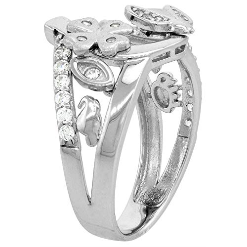 Sterling Silver Micropave Cz Horseshoe Ring For Women With Ladybug Four Leaf Clover Evil Eye Rhodium Finish 1/2 Inch Size 6 #TOP3