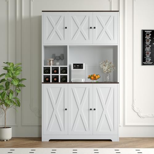 Garvee 71" Tall White Kitchen Pantry Cabinet with Charging Station, Farmhouse Freestanding Cupboard Kitchen Hutch with Microwave Stand & Drawers & Win