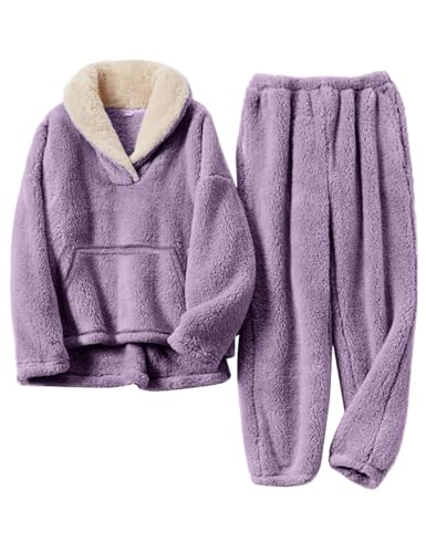 Kissonic Women's Fluffy Pajama Set Fleece Pullover Pants Fuzzy Lounge Set Cozy Winter Pj Sleepwear with Pockets