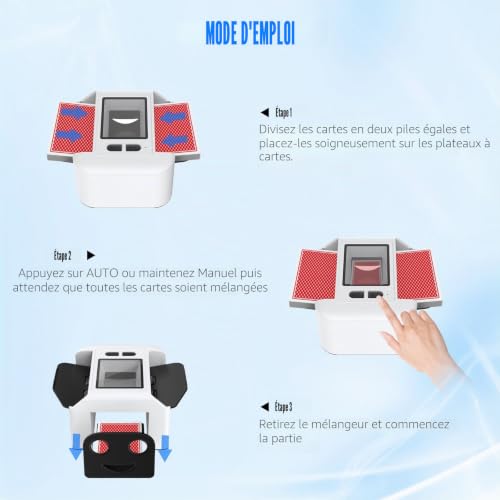 Buldoospok M3 Automatique Mélangeur de Carte Rechargeable USB -1-2 Bureaux, Auto/Manuel Melangeur Cartes Silencieux Portable pour UNO Skyjo Skip-Bo FILP 7 PILI (Weiß) – vue 3