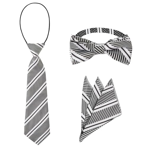 DHTS Boys Tie Pocket Square Set Kids Striped Bow Ties for Boy Neckties Black Ties for Teens Boy 8-10 12-14 14-16 Wedding School Gift Boys Fashion