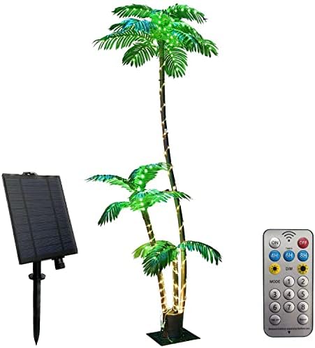 Solar Artificial Palm Tree Christmas Tree 7Ft 3Trunks 245LED Lighted Simulation Tropical Palm Tree Fake Plant Light for Patio Home Office Beach Yard Cruise Party Tiki Bar Decorations Solar Green
