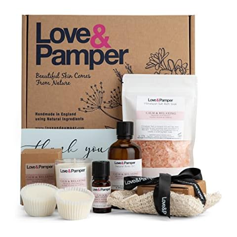 LUXURY CALM and RELAXING - SUSTAINABLE, Aromatherapy Pampering Gift Set for Women,ECO FRIENDLY,Sisal Soap Pouch,Essential Oil,Massage Oil,Himalayan Salt,Triple Milled Soap,Soy Wax Candle, 2 Wax Melts Cover