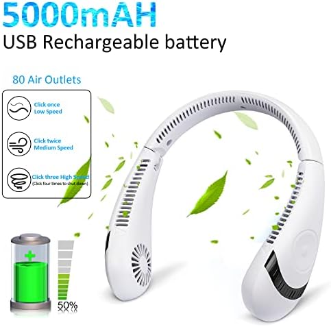 MENOLY Neck Fan,Portable Hand Free Hanging Neck Fans,5000mAH Rechargeable Battery,3 Speeds Adjustment,Foldable Personal Fan Mini Wearable Bladeless Neckband Neck Fan for Women Men Home Office Travel