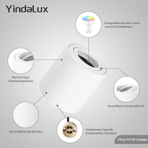 YindaLux Zestaw 4 białych matowych reflektorów sufitowych LED z wystającym 30°, reflektor sufitowy z gniazdem GU10 - do modułów GU10 i LED, aluminium, Ø80x84mm, okrągły, bez lampy GU10