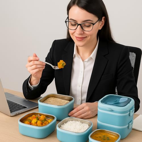 Image of 3 Layer Stainless Steel Insulated Lunch Box-Tiffin Box for Kids,Adults| Leak Proof Double Wall Lunchbox for Office, School Use with Spoon & Lid -Color May Vary (Square)