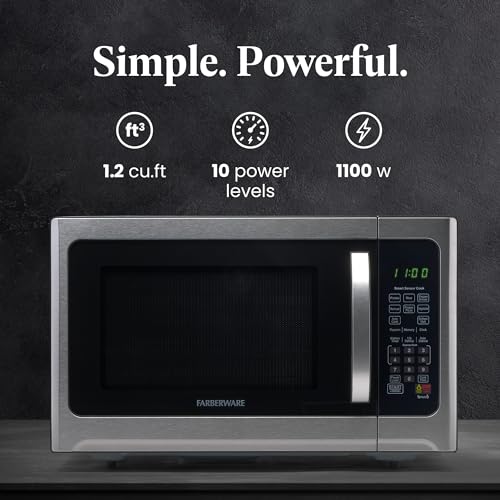 Farberware Countertop Microwave 1100 Watts, 1.2 cu ft - Smart Sensor Microwave Oven With LED Lighting and Child Lock - Perfect for Apartments and Dorms - Easy Clean Black Interior, Stainless Steel Farberware Countertop Microwave 1100 Watts, 1.2 cu ft - Smart Sensor Microwave Oven With LED Lighting and Child Lock - Perfect for Apartments and Dorms - Easy Clean Black Interior, Stainless Steel