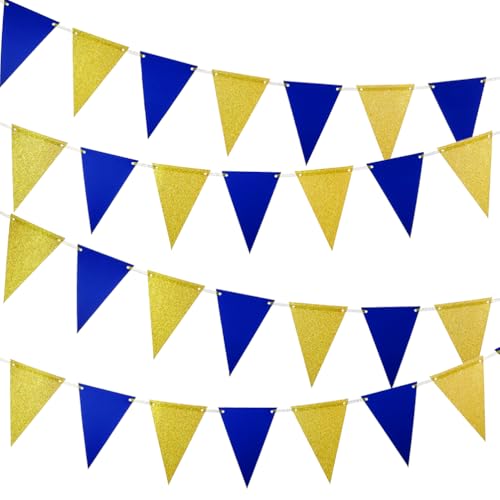 Image of MOWO Gold Blue Pennant Banner Paper Bunting Hanging Decoration for Birthday Graduation Retirement New Year's Party, Pack of 30 Counts Pennant, 20 feet