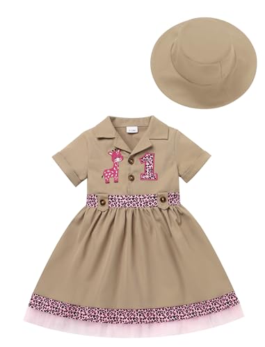 ODASDO Safari Outfit for Baby Girls First Birthday Cake Smash Toddlers Zookeeper Short Sleeve Dress with Hat