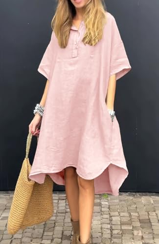 Image of chouyatou Women's Summer Casual Linen Beach Tunic Dress Loose High Low Midi Long Polo T Shirt Dress