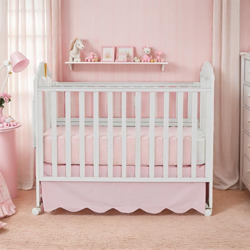 Image of Brandream Scallop Edge Cotton Crib Skirt, Baby Boy, Baby Girl, Gender Neutral Crib Skirt Toddler Bedskirt Farmhouse Chic Nursery Crib Bed Skirt, Boho Bohemian Solid Pink