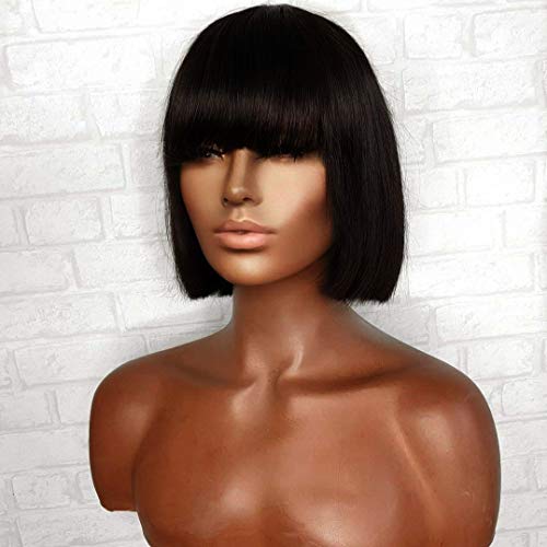 Cilava Synthetic Black Bob Wig With Bangs , None Lace Cute Short Wig Heat Resistant Hair Constume Wigs For Black Women