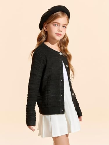 Image of Haloumoning Girls Button Down Cardigan Jackets Kids Long Sleeve Cable Knit Sweaters 5-14 Years Black