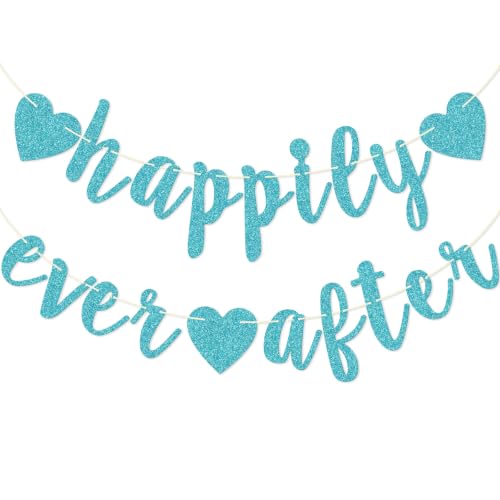 Image of Happily Ever After Glitter Bunting Banner, Engagement, Bridal Shower, Wedding Party Photo Booth Props Signs,Pre-Strung Cursive Bunting (Blue)