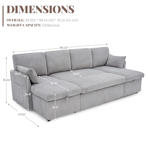 Image of Huatean Home Oversized Sleeper Sofa Couch, 100 inch 2 in 1 Pullout Couch Bed with Side Pockets for Living Room, Sectional Sleeper Sofa Bed with Double Storage Chaise, CloudGrey