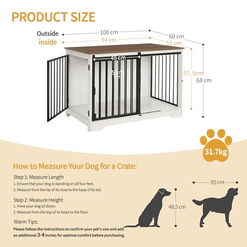 Hzuaneri Dog Crate Furniture, 100 cm Double Door Wooden Dog Crate with Barn Door, Indoor Kennel, End Side Table Animal Crates for Small Medium Large Dogs, Anti-Chew Anti-Escape, White Brown DFC02314B - Image 2