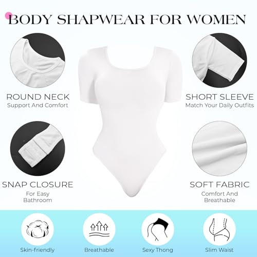 Image of Anygirl Short Sleeve Shapewear Bodysuit for Women Tummy Control Round Neck Body Shaper Seamless Thong Bodysuits T-Shirt Tops