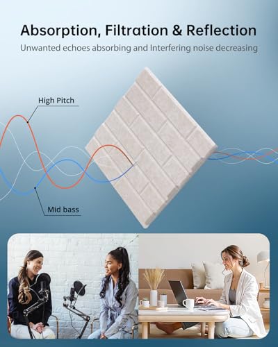 Image of Kuchoow Acoustic Wall Panels for Room& Office Sound Absorbing, 12 Pack Brick Pattern Beige Decorative Self Adhesive Art Acoustical Treatment Tiles for Ceiling Door Studio 12''x12''x0.4''