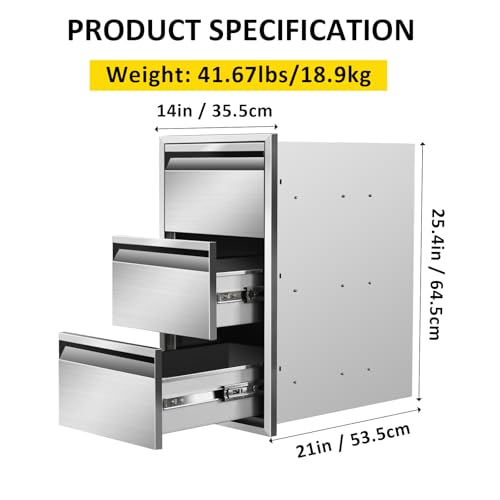 Image of Outdoor Kitchen Drawers 14 inch W x 25.4 inchH x 21 inchD Triple BBQ Drawers Stainless Steel Built-in Drawer for Outdoor Kitchen Island, Patio Grill Station