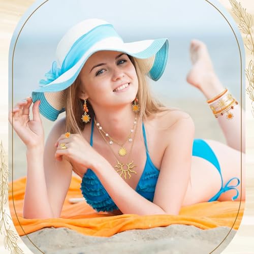 Image of Tondiamo 16 Pcs Gold Sun Jewelry Set for Women Sunburst Earrings Rings Boho Hippie Layer Charm Necklace Summer Beach Bracelets Anklet for Holiday Vacation Accessories