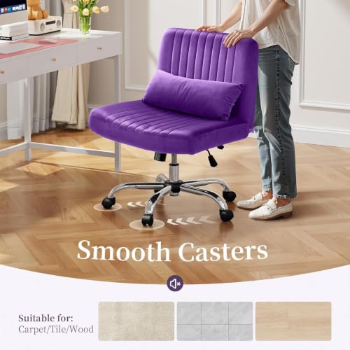Image of Velvet Criss Cross Desk Chair with Wheels, Luxury Cross Legged Office Office, Swivel Wide Seat Vanity Chair, Armless Adjustable Height Gaming Chair Gift, Dusty (2, Purple)