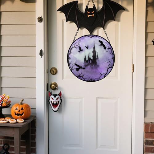 Image of Stained Glass Window Hanging - Halloween Gothic Castle Purple Smoke Suncatcher for Doors Garden Home Spooky Crow Sun Catchers Gothic Decor Horror Gift for Women Men Friend Boy Girl 7.8 in