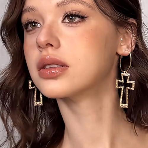 Chunky Gold Cross Earrings for Women Boho Hammered Earrings Bold Thick Big Cross Drop Dangle Earrings for Women Vintage Statement Jewelry2