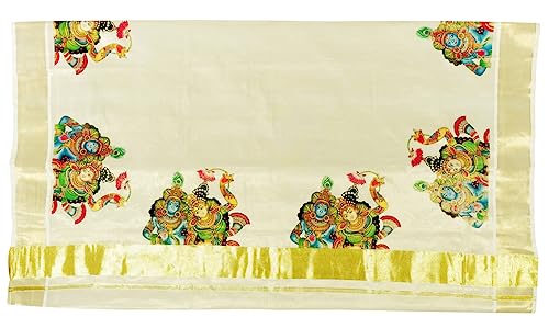 Image of Women's Mural Printed Kerala Gold Tissue Saree with Running Blouse Piece | Traditional South Indian Ethnic Saree for Festivals, Weddings & Special Occasions