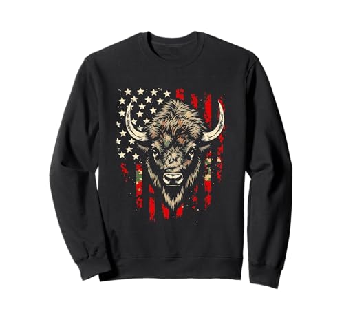 Image of Buffalo on American Flag - Vintage Patriotic Style Sweatshirt