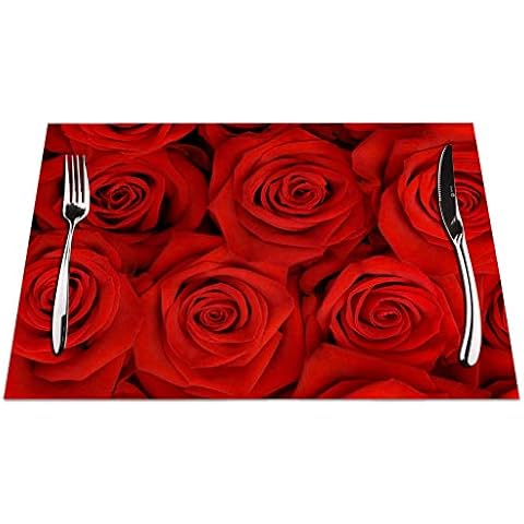 Red Rose Placemats Set of 4, Beautiful Red Rose Placemats Heat Resistant for Dining Table Non-Slip 18x12 Inches Cover