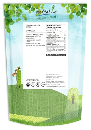 Food to Live Organic Hulled Millet, 3 Pounds — Whole Grain Seeds, Non-GMO, Kosher, Raw, Bulk, Product of the USA