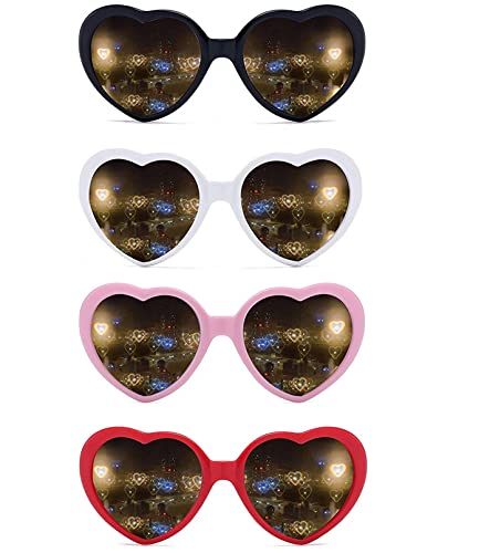 WAIZHIUA 4Pcs Heart Effect Diffraction Glasses, 4 Colours Light Diffraction Glasses 3D Heart Sunglasses Special Heart Effects Glasses for Fancy Dress Party, Red,black,pink,white, M